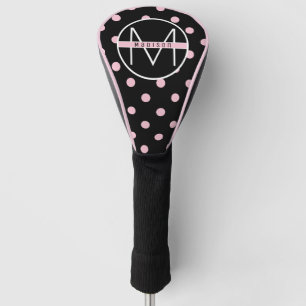 Monogram   Cute & Chic Pink Polka Dot on Black Golf Head Cover