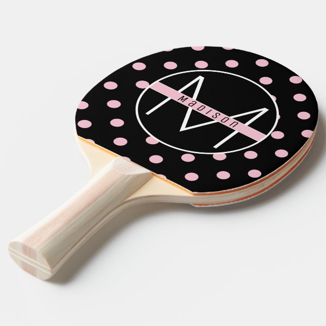 Monogram | Cute & Chic Pink Polka Dot on Black Ping Pong Paddle (Front Angle)