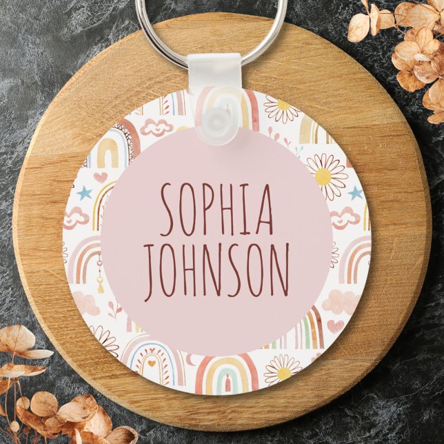 Monogram Cute Colourful Rainbows and Daisy Flowers Key Ring (Close up)