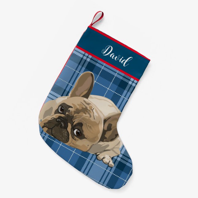 Monogram Cute design funny dog on blue plaid pet Small Christmas Stocking (Front (Hanging))