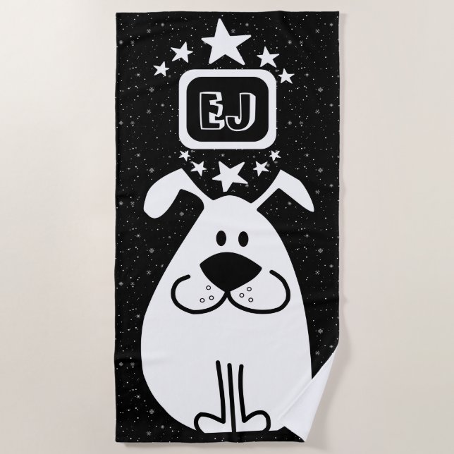 Monogram Cute Doodle Dog with Stars Beach Towel (Front)