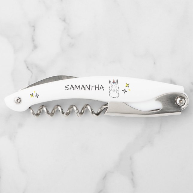Monogram Cute Funny Unicorn Alpaca Llama Corkscrew (Back)