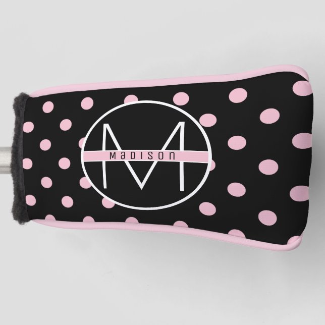 Monogram | Cute Girly Pink Polka Dot on Black Golf Head Cover (Front)