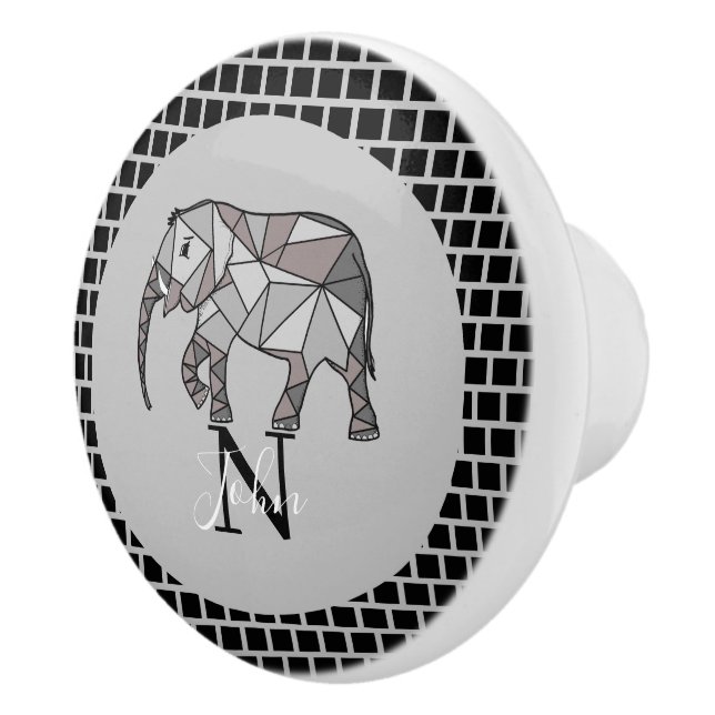 Monogram Cute Graphics Elephant Personalised Black Ceramic Knob (Right)