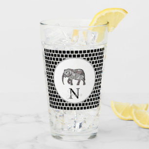 Monogram Cute Graphics Elephant Personalised Black Glass