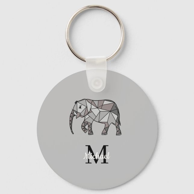 Monogram Cute Graphics Elephant Personalised Black Key Ring (Front)