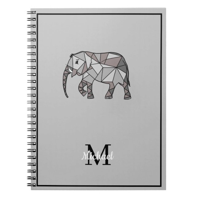 Monogram Cute Graphics Elephant Personalised Black Notebook (Front)