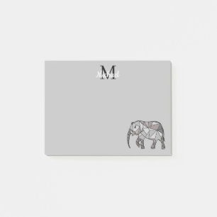Monogram Cute Graphics Elephant Personalised Black Post-it Notes