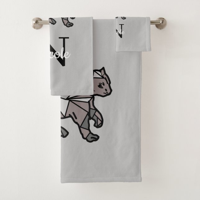Monogram Cute Graphics Personalised Black Cet Bath Towel Set (Insitu)