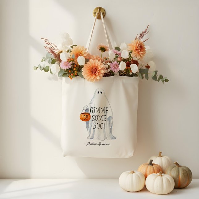 Monogram Cute Halloween Ghost with Pumpkin Pail Tote Bag (Monogram Cute Halloween Ghost with Pumpkin Pail Tote Bag)