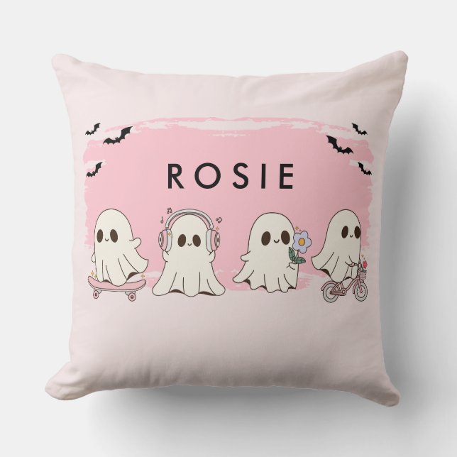 Monogram Cute Halloween Pink Ghosts Spooky Cushion (Front)