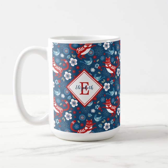 Monogram Cute Kitty Cat Pattern Coffee Mug (Left)