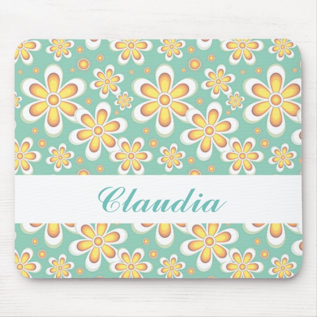 Monogram cute orange flowers on green mouse mat (Front)