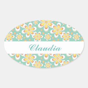 Monogram cute orange flowers on green oval sticker