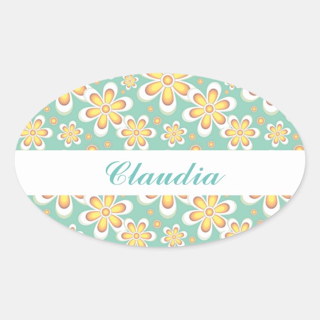 Monogram cute orange flowers on green oval sticker (Front)