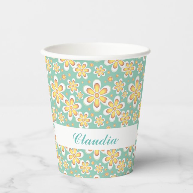 Monogram cute orange flowers on green paper cups (Front)