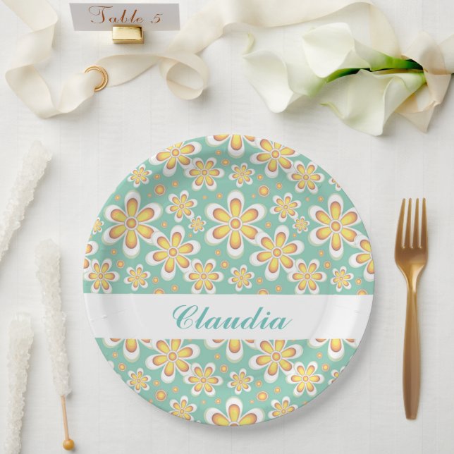 Monogram cute orange flowers on green paper plate (Wedding)