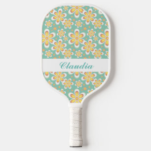 Monogram cute orange flowers on green pickleball paddle