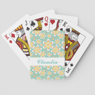 Monogram cute orange flowers on green playing cards