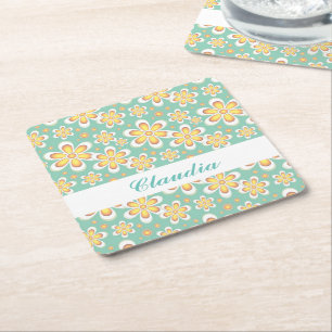 Monogram cute orange flowers on green square paper coaster