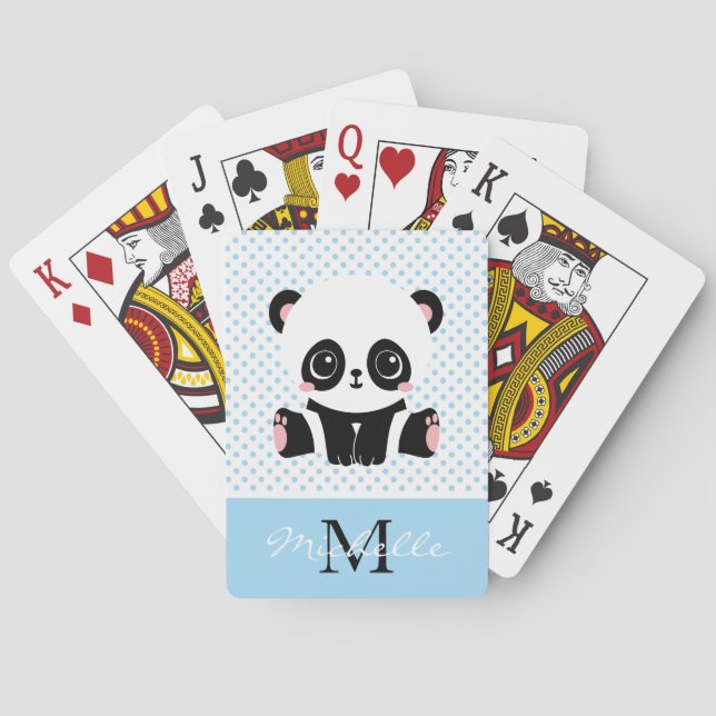 Monogram Cute Panda Bear Personalised Polka Dot Playing Cards (Back)
