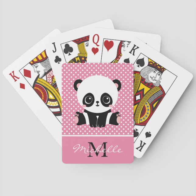Monogram Cute Panda Bear Personalised Polka Dot Playing Cards (Back)