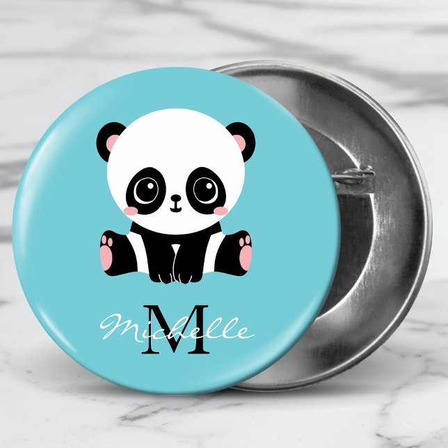 Monogram Cute Panda Personalised Bubble Gum Blue 6 Cm Round Badge (Creator Uploaded)
