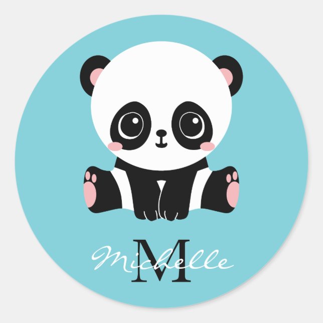 Monogram Cute Panda Personalised Bubble Gum Blue Classic Round Sticker (Front)