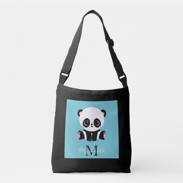 Monogram Cute Panda Personalised Bubble Gum Blue Crossbody Bag (Front)