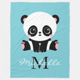 Monogram Cute Panda Personalised Bubble Gum Blue Fleece Blanket