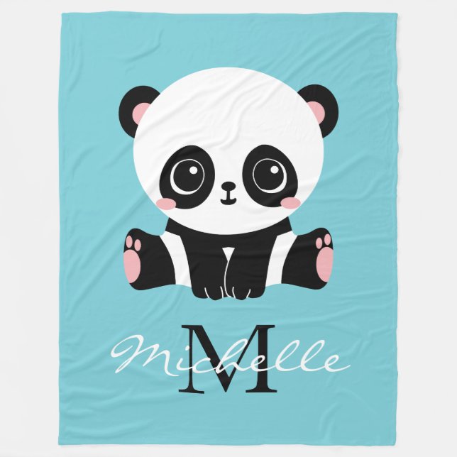 Monogram Cute Panda Personalised Bubble Gum Blue Fleece Blanket (Front)