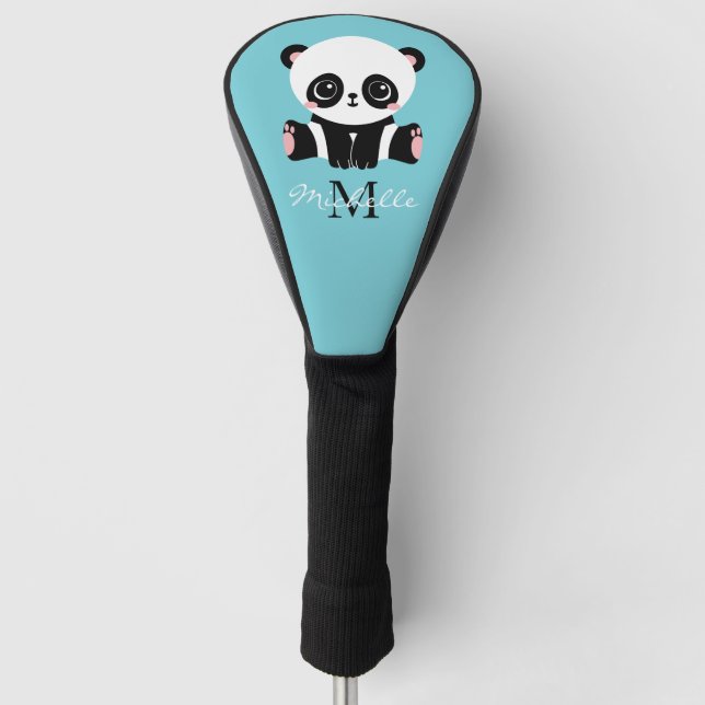 Monogram Cute Panda Personalised Bubble Gum Blue Golf Head Cover (Front)