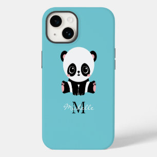 Monogram Cute Panda Personalised Bubble Gum Blue iPhone 14 Case