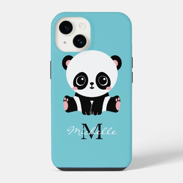 Monogram Cute Panda Personalised Bubble Gum Blue iPhone Case (Back)