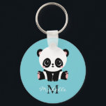 Monogram Cute Panda Personalised Bubble Gum Blue Key Ring<br><div class="desc">A cute panda bear sitting on the floor on a bubble gum blue background. Personalise with your monogram and name or delete text in text boxes for no name.</div>
