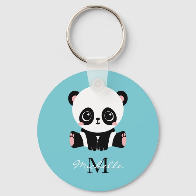 Monogram Cute Panda Personalised Bubble Gum Blue Key Ring (Front)