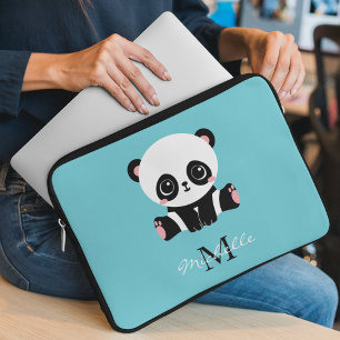 Monogram Cute Panda Personalised Bubble Gum Blue Laptop Sleeve