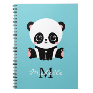 Monogram Cute Panda Personalised Bubble Gum Blue Notebook