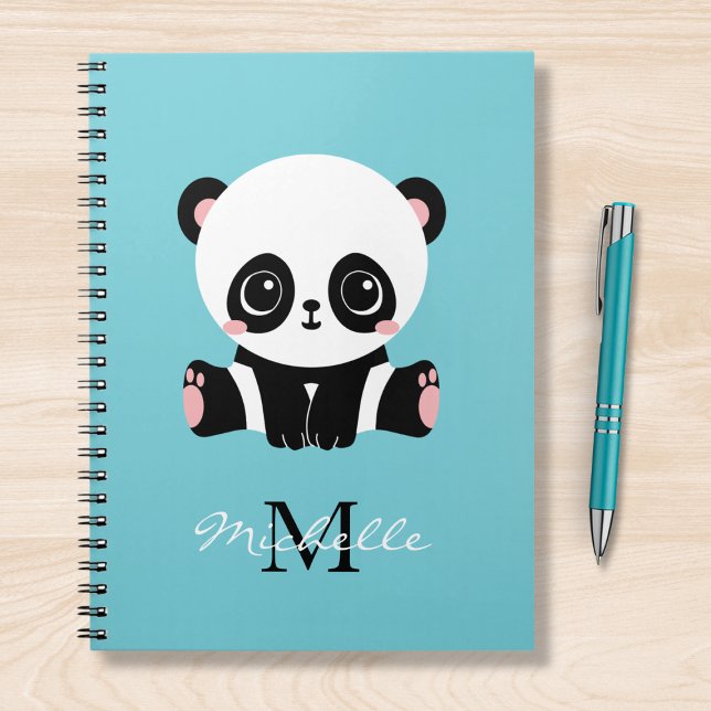 Monogram Cute Panda Personalised Bubble Gum Blue Notebook (Creator Uploaded)