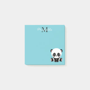 Monogram Cute Panda Personalised Bubble Gum Blue Post-it Notes