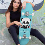 Monogram Cute Panda Personalised Bubble Gum Blue Skateboard<br><div class="desc">A cute panda bear sitting on the floor on a bubble gum blue background. Personalise with your monogram and name or delete text in text boxes for no name.</div>