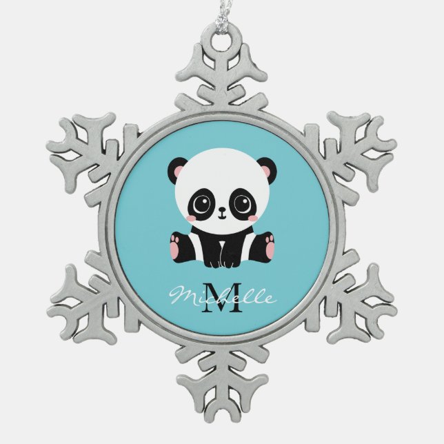 Monogram Cute Panda Personalised Bubble Gum Blue Snowflake Pewter Christmas Ornament (Front)