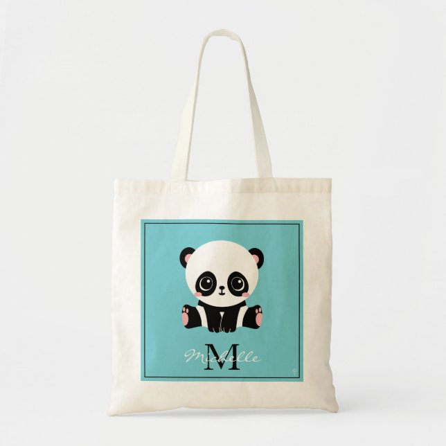 Monogram Cute Panda Personalised Bubble Gum Blue Tote Bag (Front)