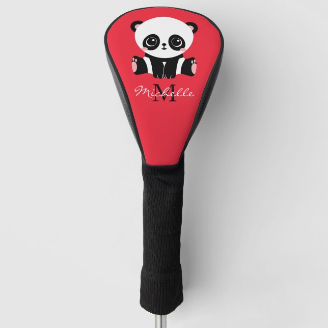 Monogram Cute Panda Personalised Name Pink Golf Head Cover (Front)