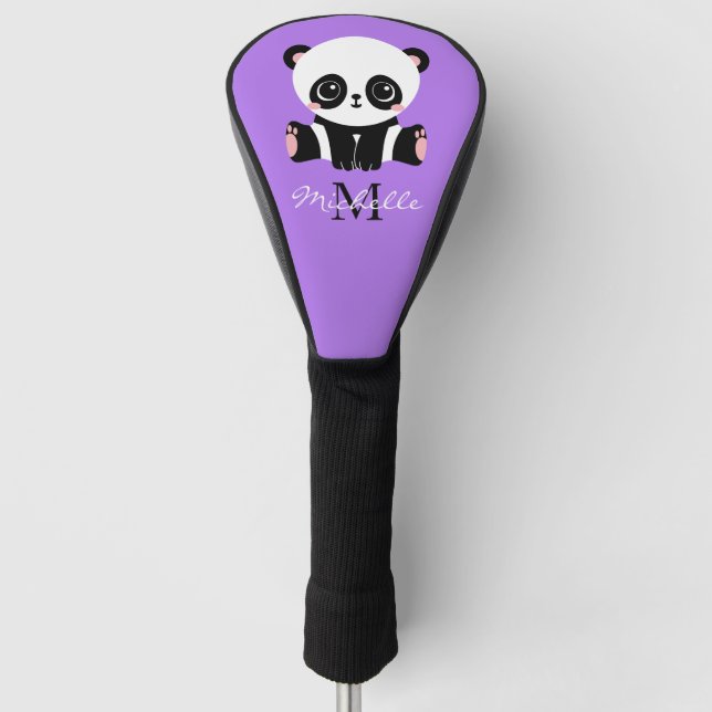 Monogram Cute Panda Personalised Name Purple Golf Head Cover (Front)
