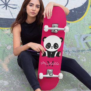 Monogram Cute Panda Personalised Purple Skateboard