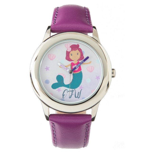 Monogram Cute Pastel Mermaid with Seashell Watch (Front)