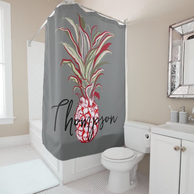 Monogram cute pineapple modern script grey shower curtain (In Situ)