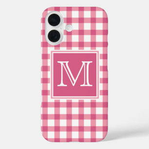 Monogram   Cute Pink Gingham Plaid Chequered iPhone 16 Case
