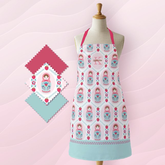 Monogram Cute Pink Matryoshka Pattern Apron (a cute pink and blue matryoshka nesting doll pattern decorates this apron. add a monogram name!)